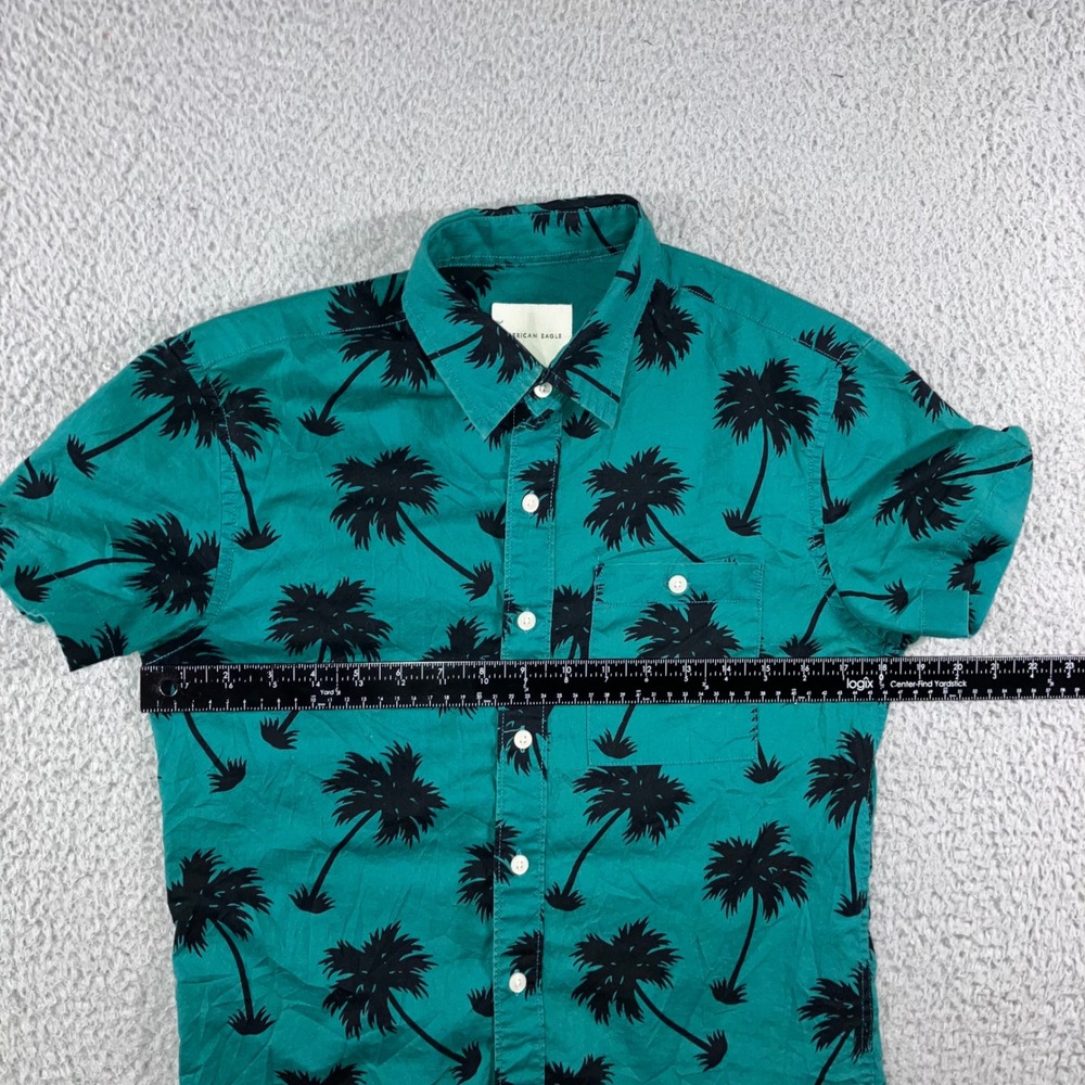 American Eagle Hawaiian Shirt Men XS Teal Palm Tree Print S/S Preppy Beach vaca - Picture 5 of 8